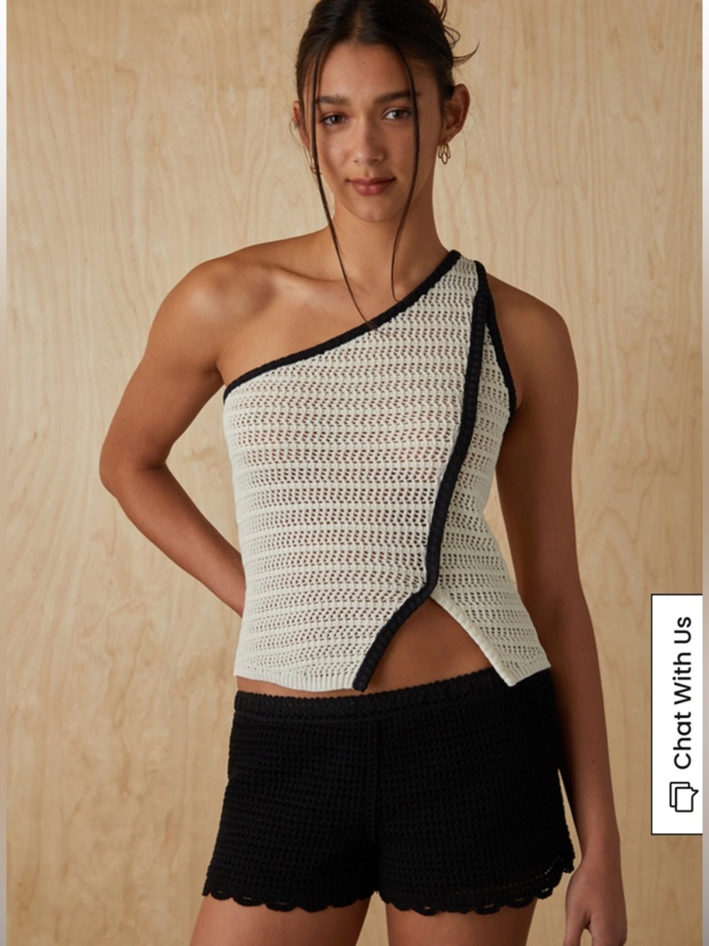 PacSun Cream One-Shoulder Crochet Tank with Black Trim